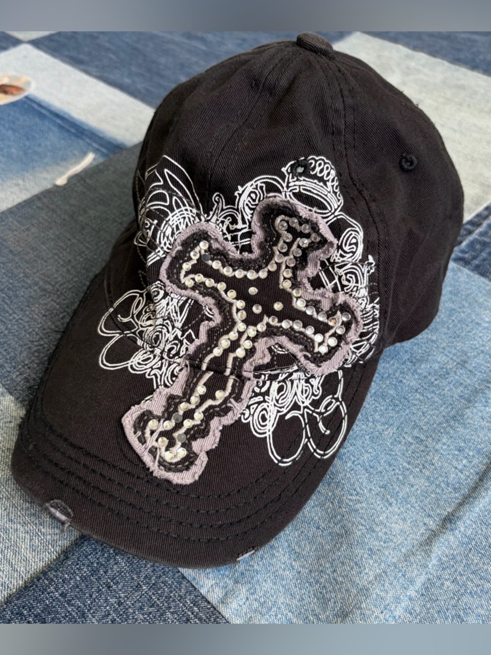 y2k black cross headlines hat bling grunge rhinestone bedazzled distressed